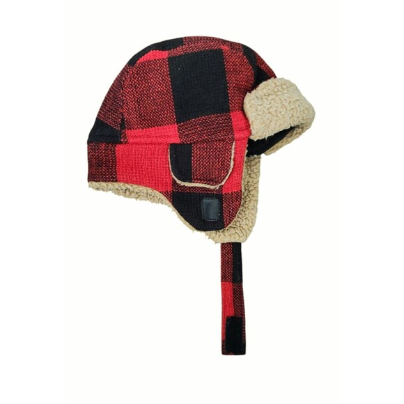 Toddler Boys Red/Black Buffalo Plaid Serpa Trapper Winter Hat Cap Chin Strap - Picture 1 of 7